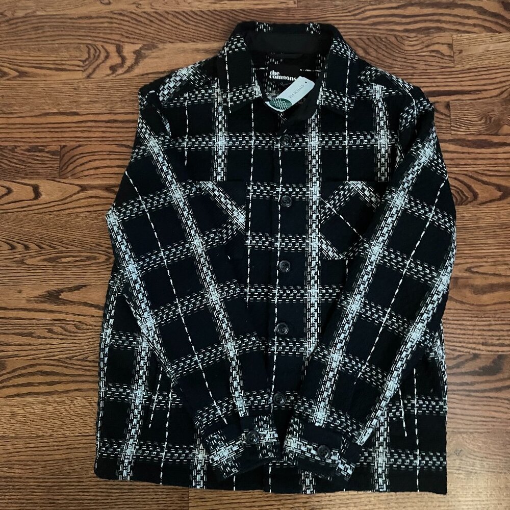 The Commons Plaid Black Cream Tweed Jacket Coat Womens Small Shacket w Pockets